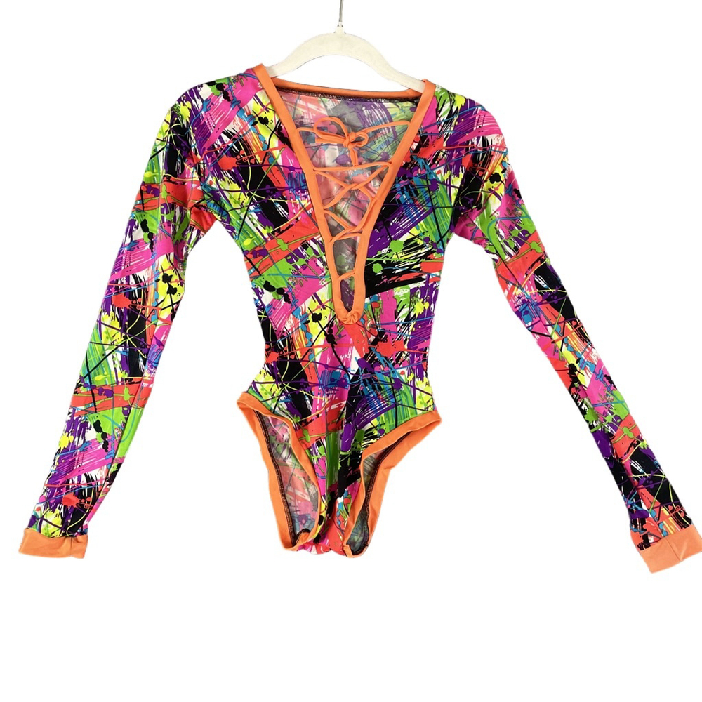 Unbranded Neon Splatter Bodysuit Womens S 80s Rave Festival Lace Up Plunge